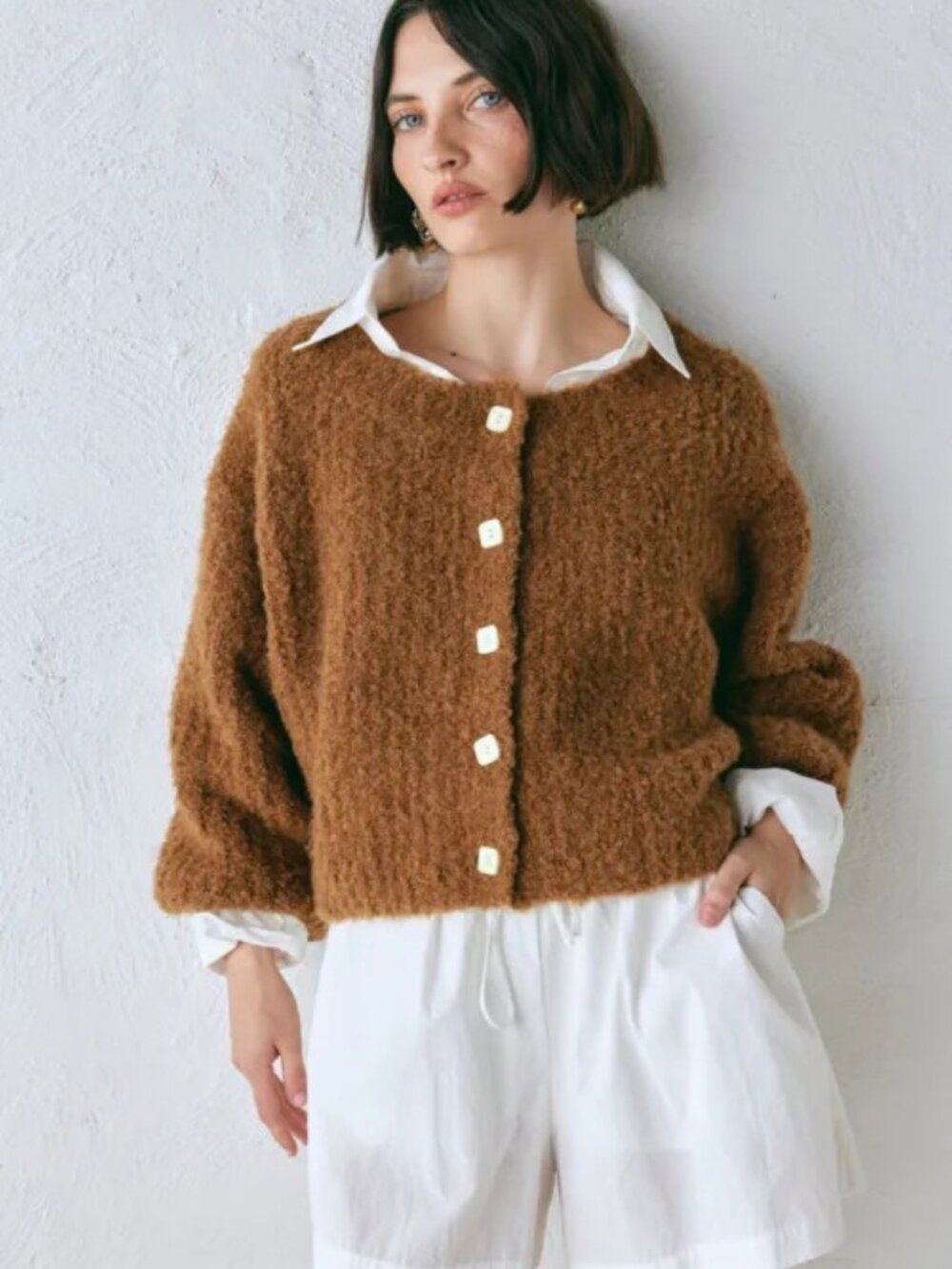 VRG GRL Elsie Fluffy Knit Cardigan - Tan - Size Medium